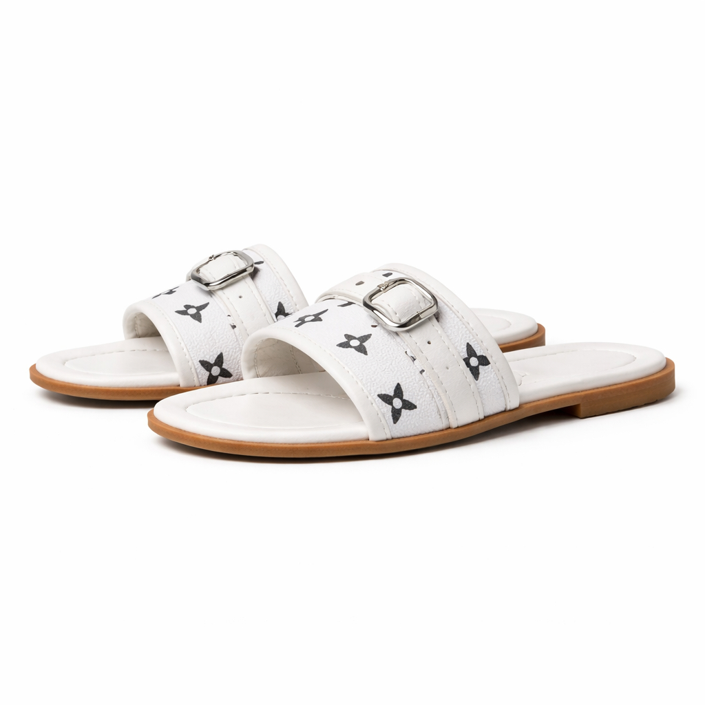 Flat Double Strap Slide Slippers with Adjustable Buckles